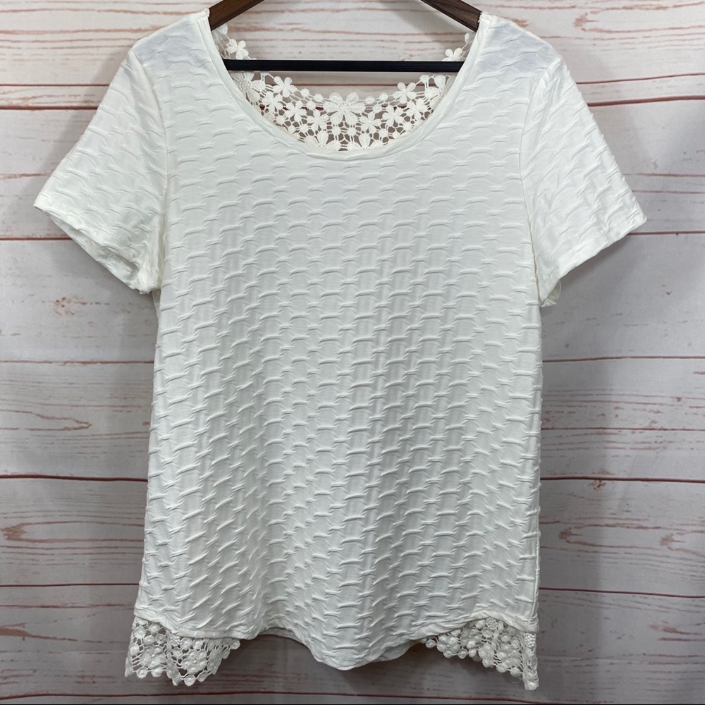 Rebecca Malone Ruched Lace Detailed Scoop Neck Tee